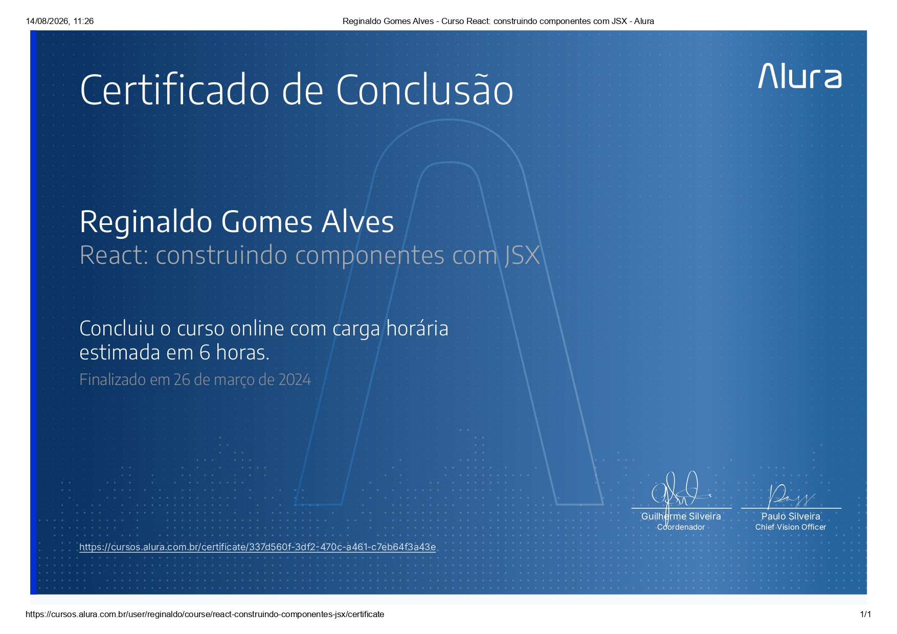 Certificado da Alura emitido para Reginaldo Gomes Alves pelo curso React: construindo componentes com JSX